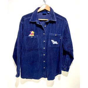 Pooh Disney corduroy shirt embroidered character pocket winter navy blue women L